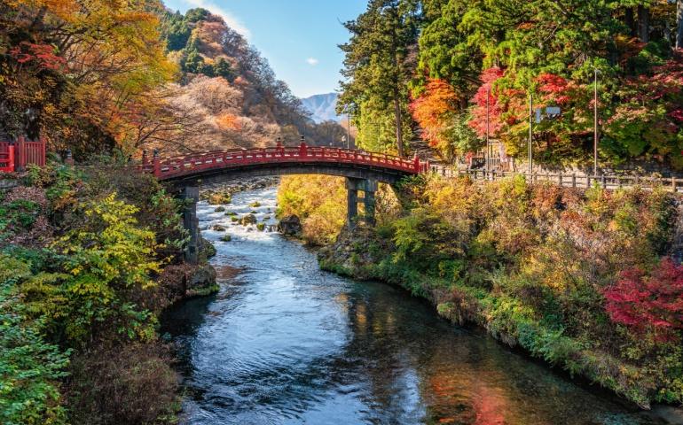 The famous Shinkyo Bridge in Nikko during fall season. Tochigi Prefecture, Japan.