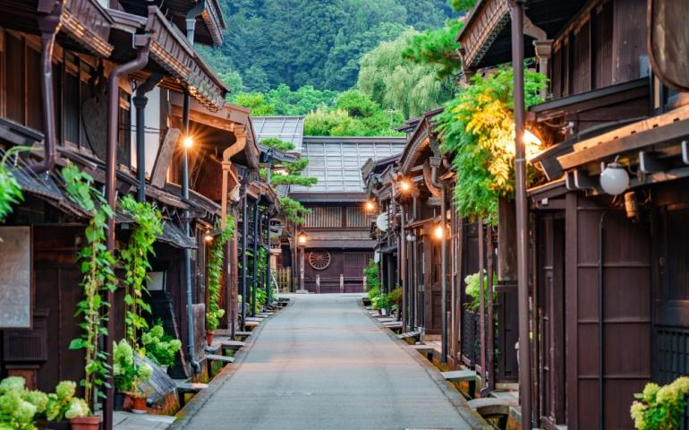 The historic Sannomachi Street in Takayama, Japan in the old town at dawn