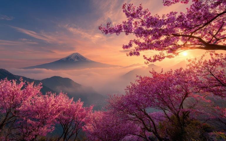 Sunrise over Mt. Fuji with cherry blossoms