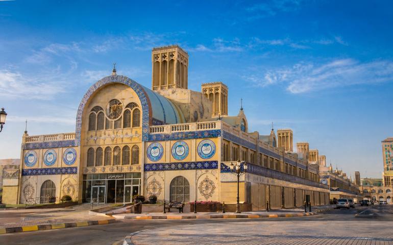 The Blue Souq looking like a literal postcard.