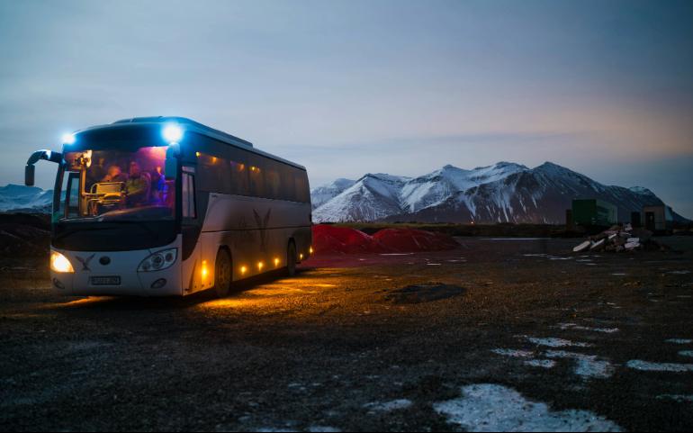 A bus traveling through Reykjavík, Iceland