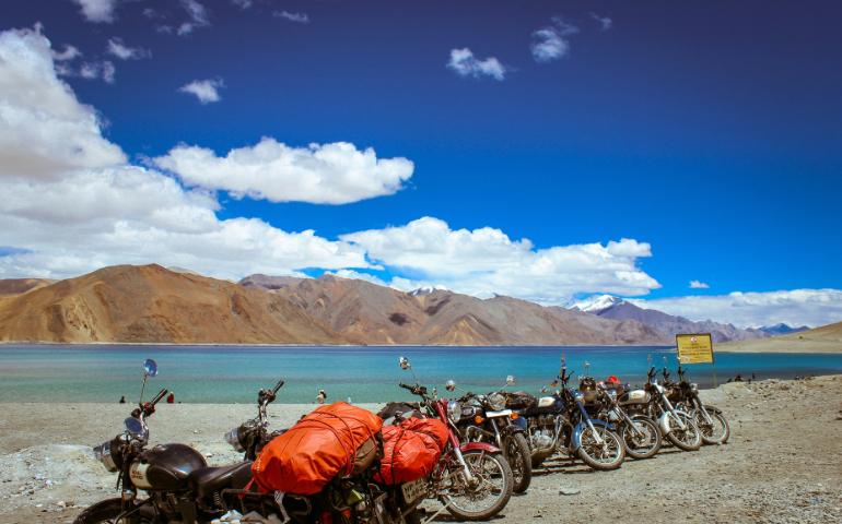 Bikes parked near Pangong Lake
