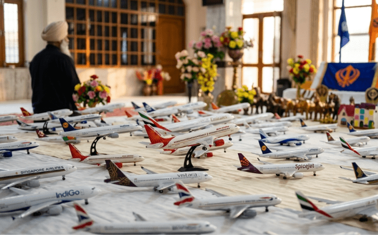 AI-generated image for representation purposes: toy planes inside a Gurudwara