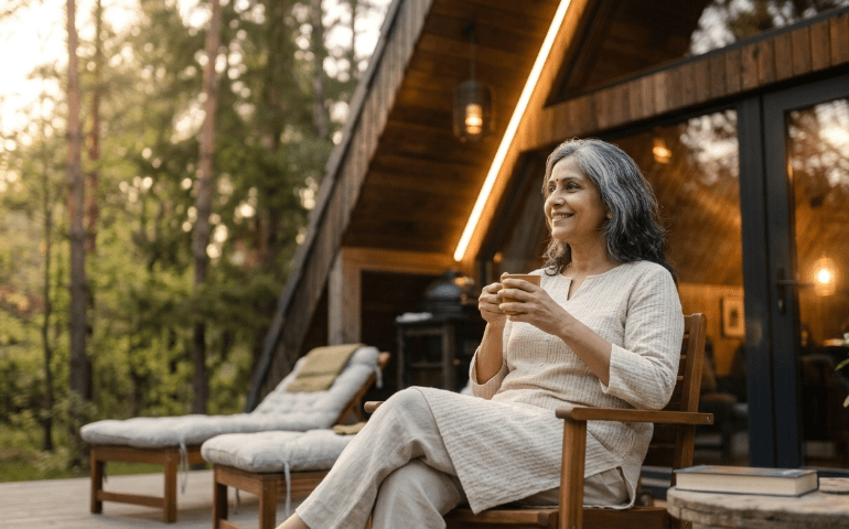 Woman enjoying her time in a forest cabin