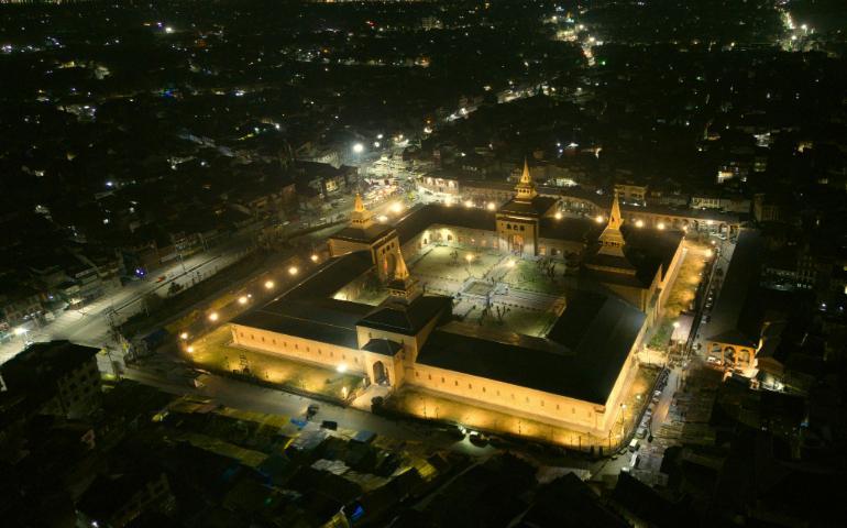 Stunning Aerial View of Illuminated Jamia Masjid at Night in Srinagar
