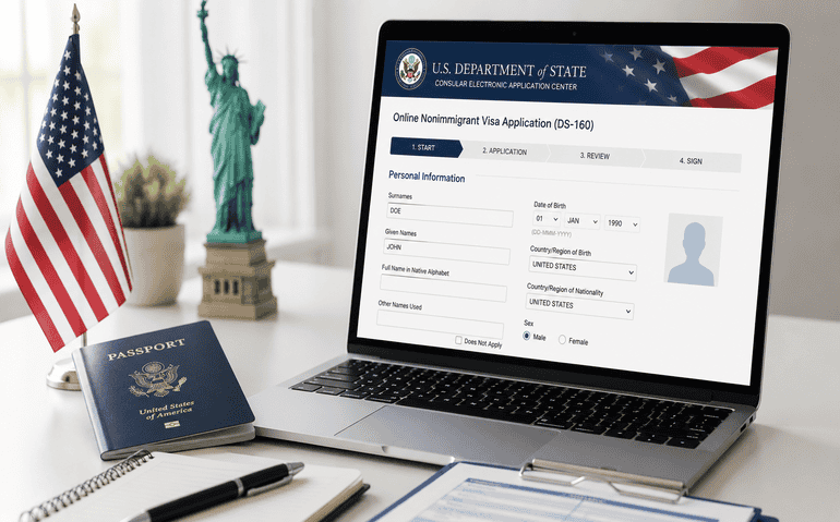 A passport, flag and laptop
