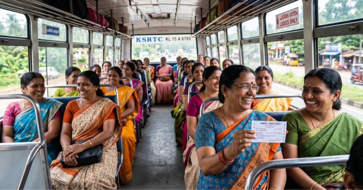 Women commuting with smiles as Kerala’s new free travel initiative begins to reshape everyday journeys.