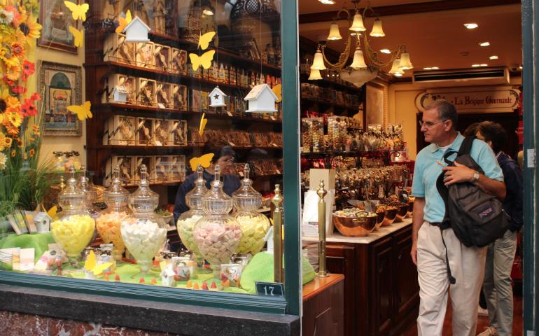 Shop in Brussels showcasing assorted sweets and chocolates