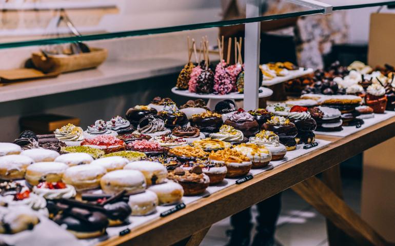 Display of various donuts and pastries in Barcelona