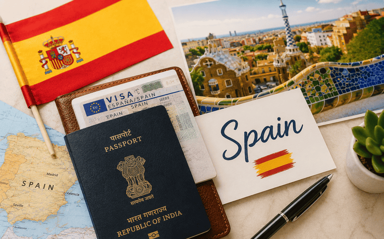 An Indian passport with Spain Tourist Visa
