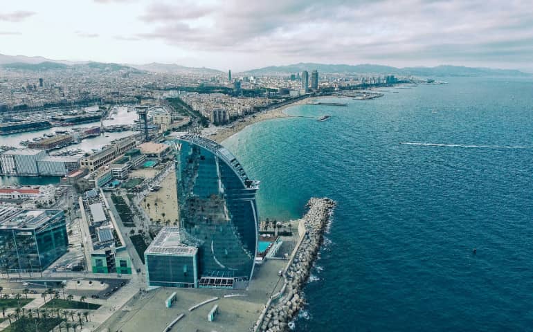 Aerial views of the Barcelona W hotel and Beach