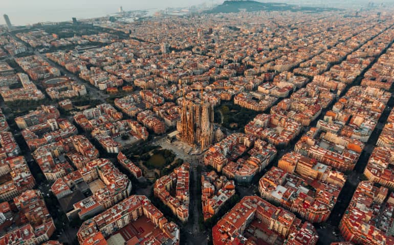 Aerial view of Barcelona's city buildings.