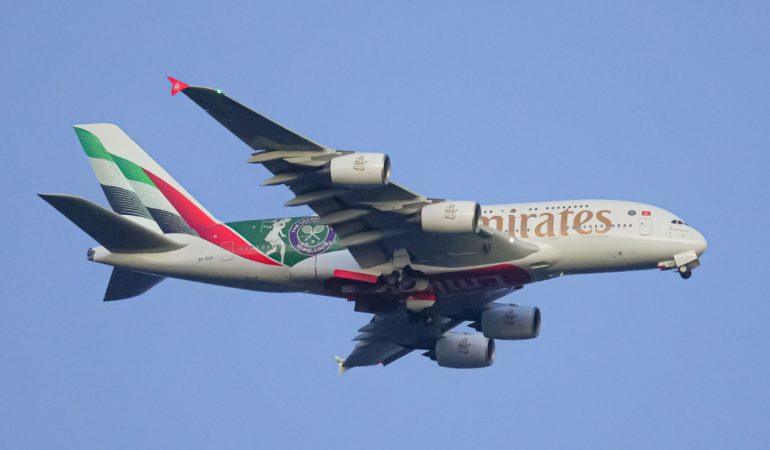 Close-up of Emirates Airbus A380 flying against a clear blue sky
Image Credit: 天玑 不器/Pexels