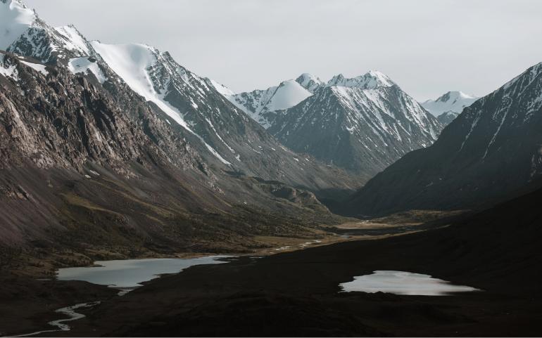 Mountain Range with Lakes and Lush Valleys