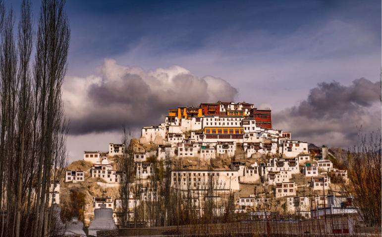 Thiksey Monastery under dramatic clouds in Leh.