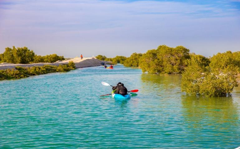 Travellers kayaking at Jubail Mangrove Park