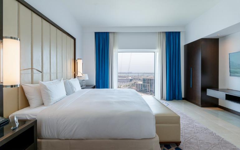 A modern hotel room in the city