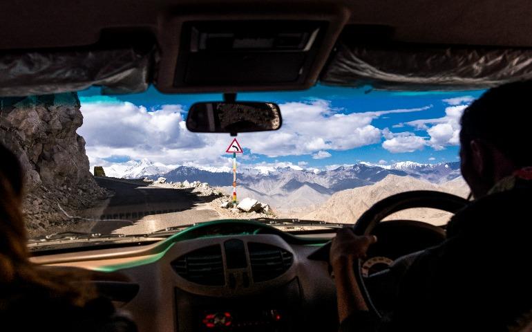 View from the car amazing mountain serpentine road of Leh, Ladakh