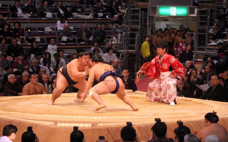 A Sumo wrestling match underway in Tokyo
