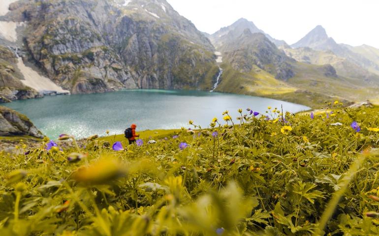 A trekker walks past Gadsar lake and a meadow full of flowers in Kashmir
