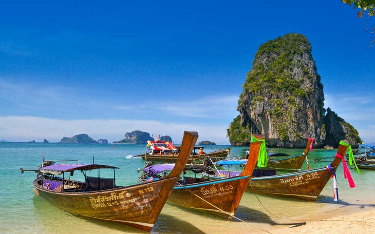 Boats standing on Phra Nang Beach, Krabi, Thailand
