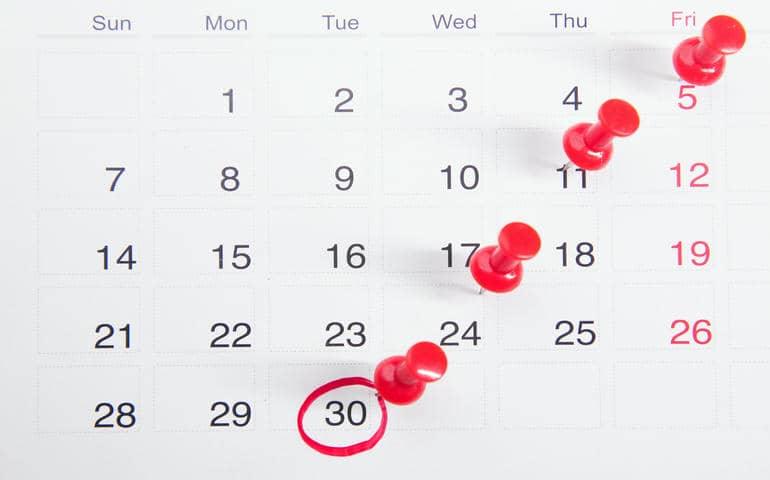 A calendar with pins fixed on dates