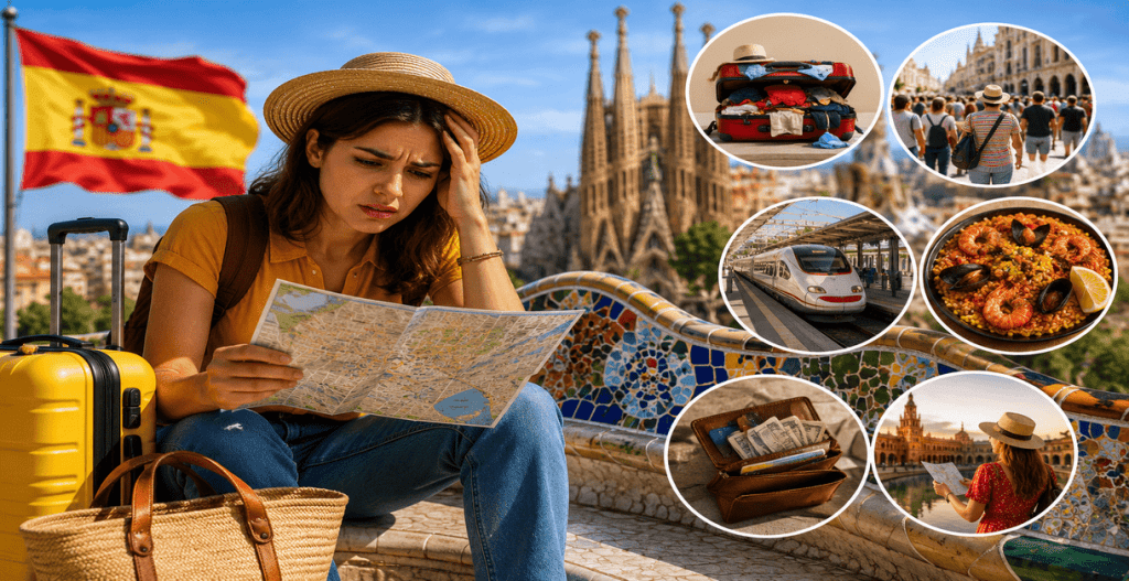 A confused girl seeing the map and other important things for her travel