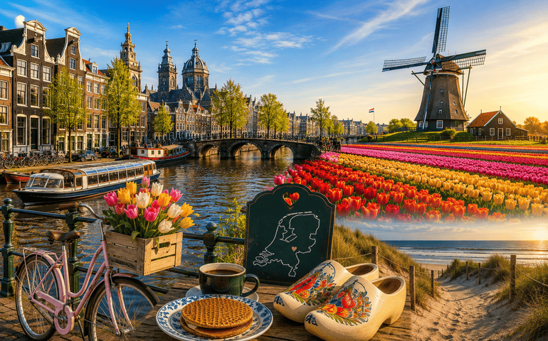 Dutch canals, tulip fields, windmills, bicycles, and a coastal sunset.
