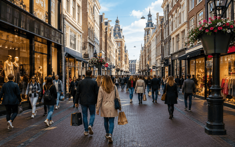 Busy Kalverstraat shopping street in Amsterdam lined with colorful storefronts
