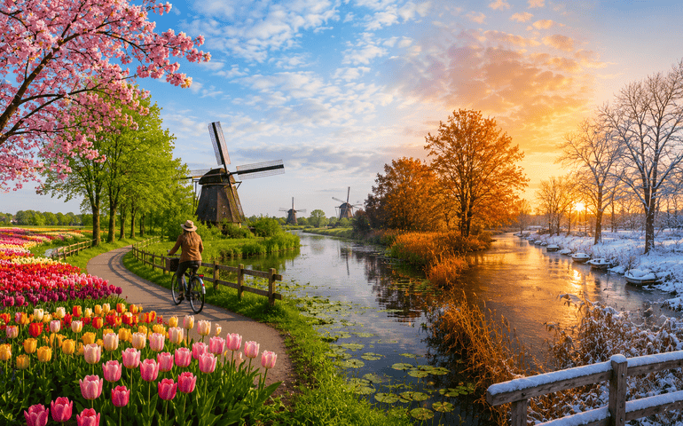 Amsterdam countryside with tulips, windmills, canals, and seasonal landscapes.