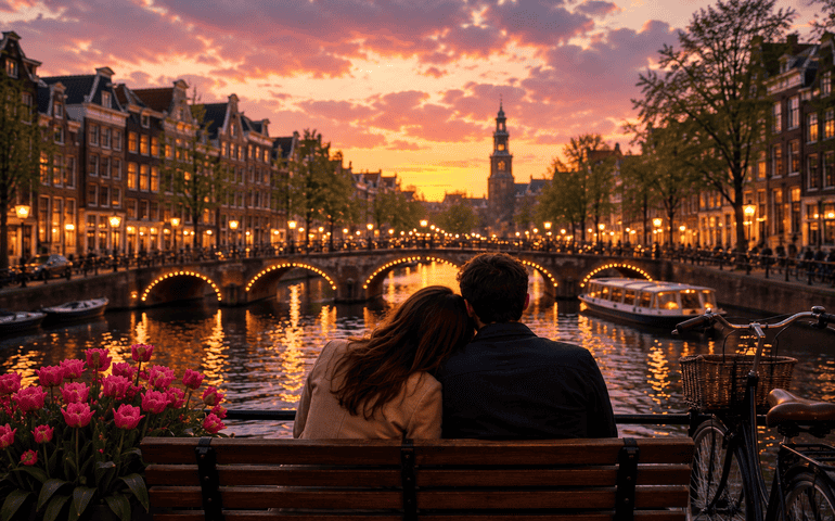 Couple enjoying a romantic Amsterdam canal sunset
