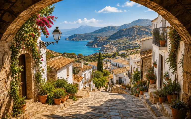 A peaceful Spanish village overlooking the sparkling Mediterranean coast.
