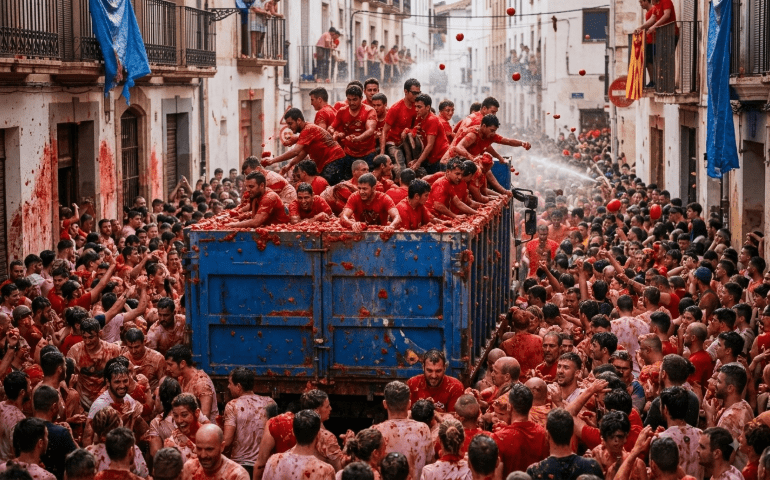 Trucks with tomatoes at La Tomatina  
AI-generated image