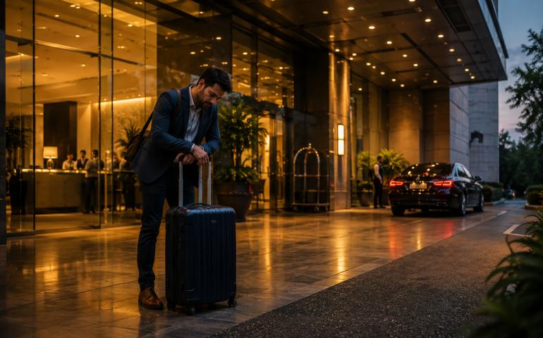 A tired traveler dropping a suitcase beside the hotel lobby