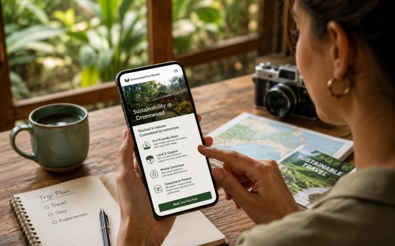 Traveler reading a hotel's sustainability page on a phone before booking.