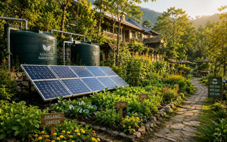 Solar panels beside rainwater tanks and an organic garden at a resort.