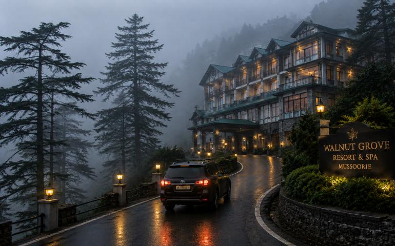 A misty Mussoorie resort with pine trees, winding roads and a car arriving through the fog.