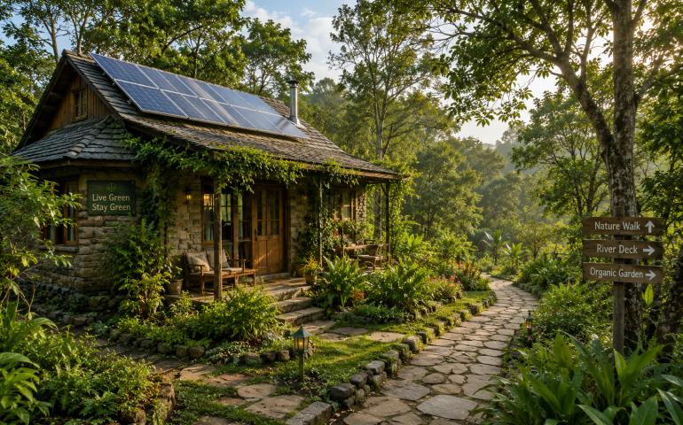 Rustic eco-cottage with solar panels, trees and a natural walking path