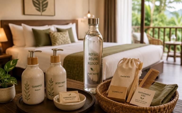 Hotel room with a glass refill bottle, ceramic toiletries and reusable amenities.