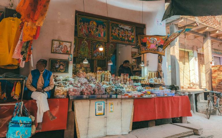 Shop with idols and images of Gods on street of Mathura