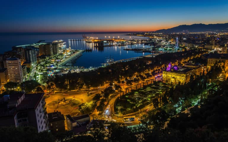 Aerial view of night in Málaga, Spain.