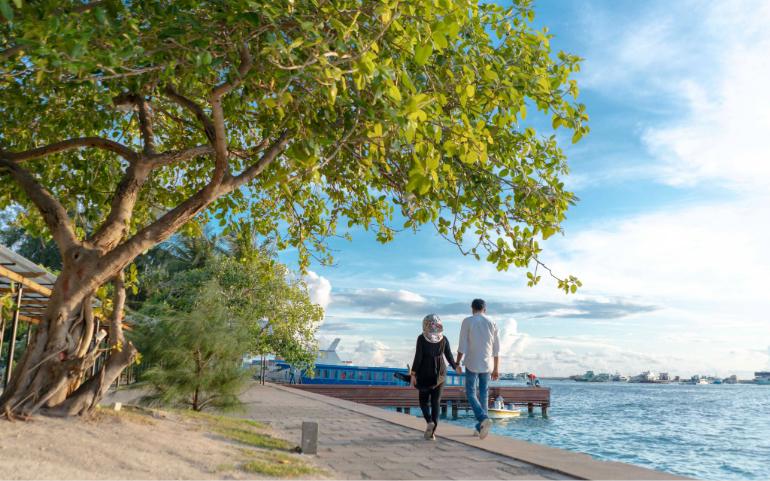 Couple holding hands, walking by the ocean under a tree in Maldives