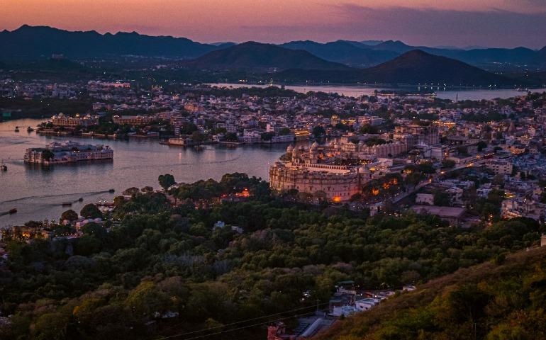 View of Udaipur cityscape at twilight