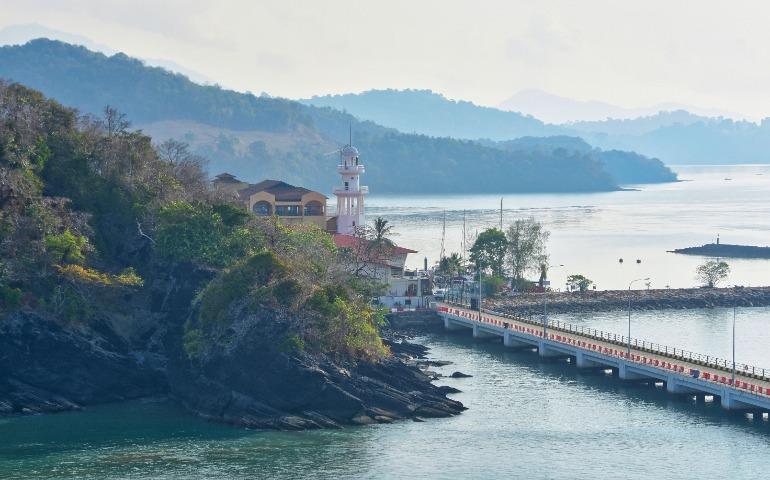 View of Langkawi's coastline featuring a lighthouse and scenic landscape