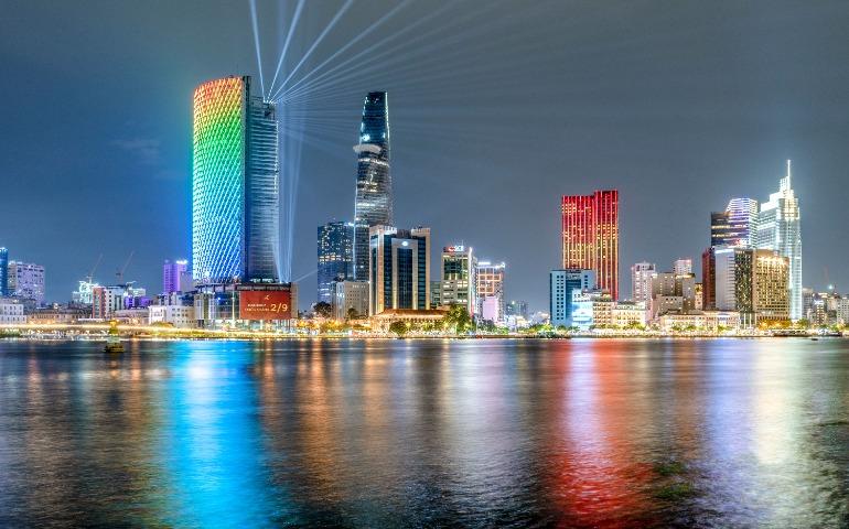Colorful night view of Ho Chi Minh City skyline