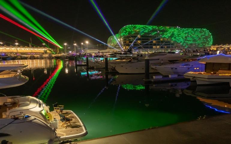 The view of Yas Marina and the Hotel W Abu Dhabi at night.