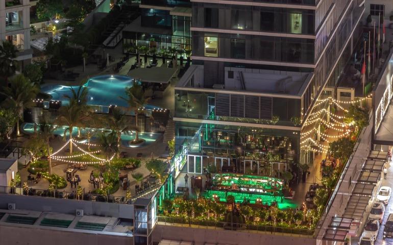 Panoramic views of Abu Dhabi city from a rooftop bar