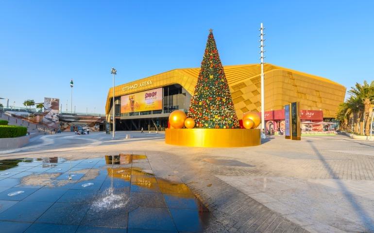 Etihad Arena at Yas Island Bay Waterfront and Marina during Christmas time