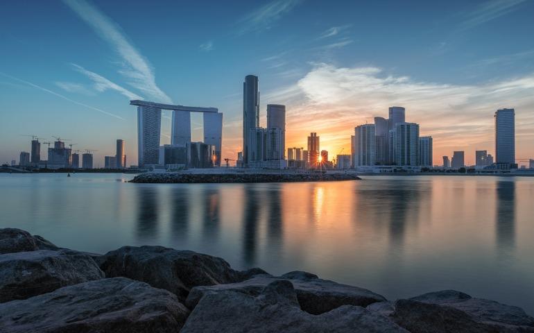 Aerial Drone shot of Abu Dhabi City during winter