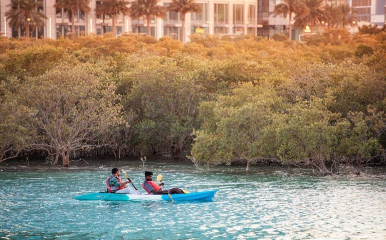 Two tourists kayaking in the beautiful Jubail Mangrove Park at sunset